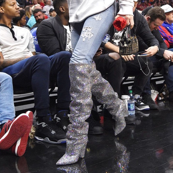 RHINESTONE EMBELLISHED CONE HEEL SLOUCHY BOOTS - Picture 5 of 12